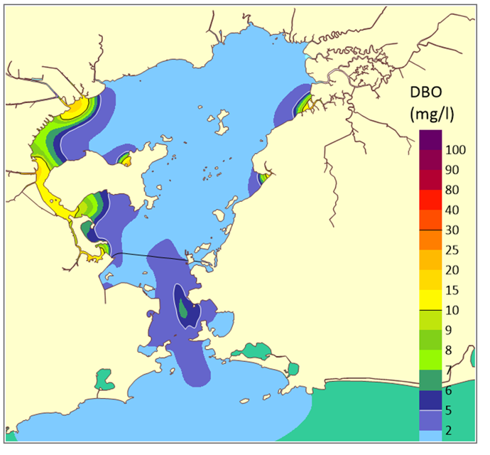 Mapa de modelagem de DBO na Baía de Guanabara